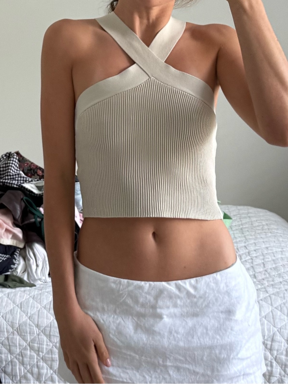 Babaton Cream Cross-Front Ribbed Crop Top